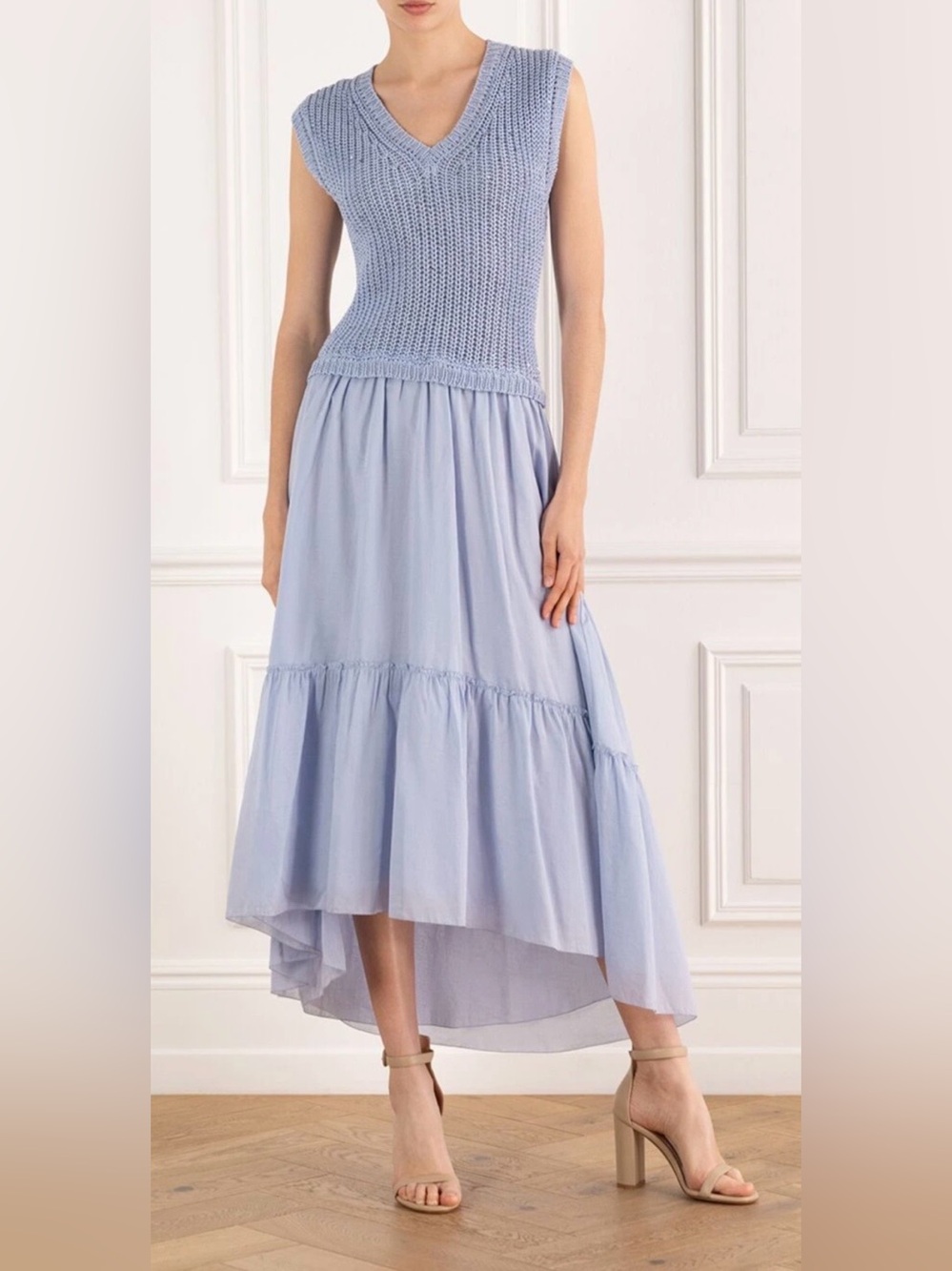Peserico Sequin Knit V-Neck Bodice High Low Tiered Luxury Maxi Dress IT40/US4